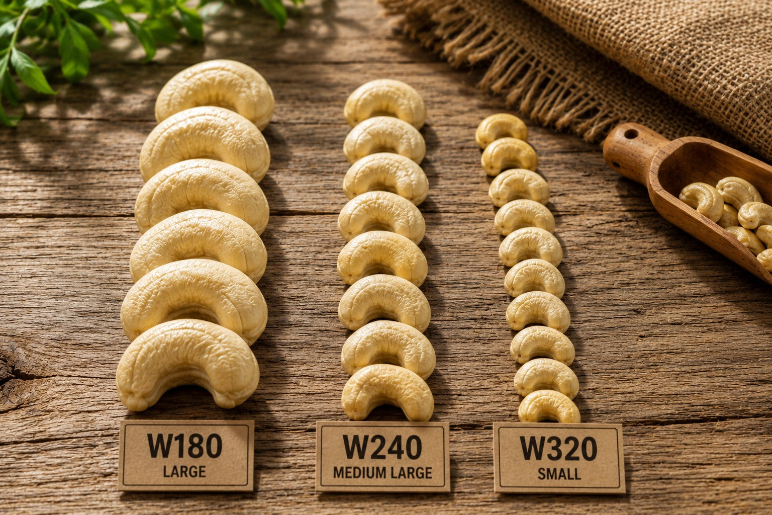 Cashew nut size comparison display
