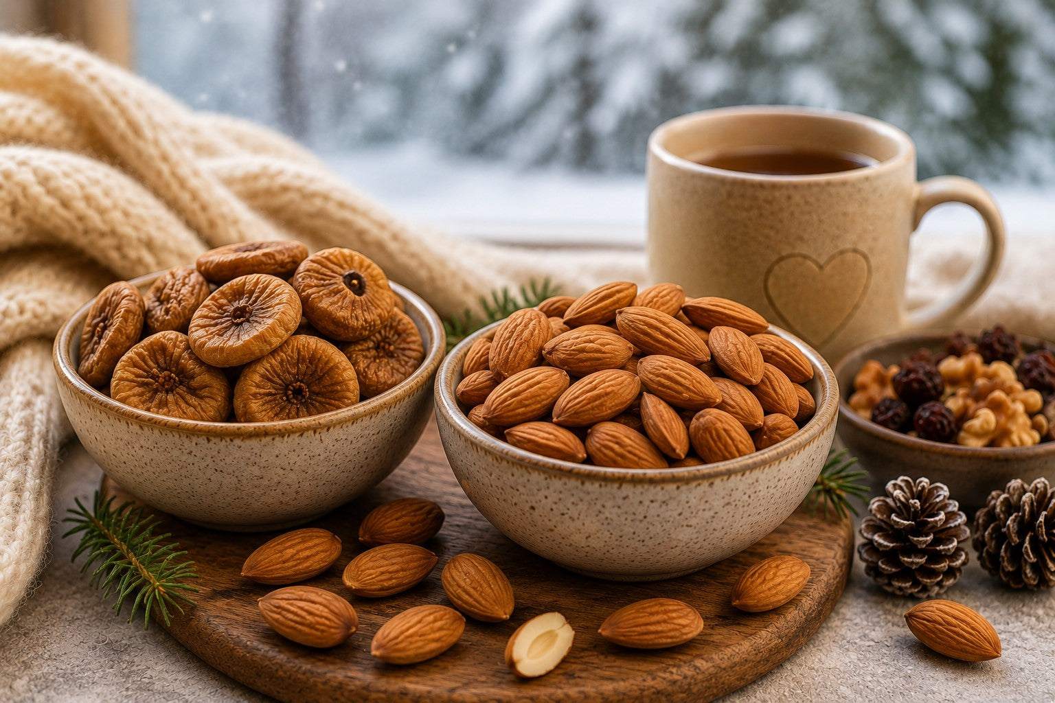 Cozy winter snack spread by the window