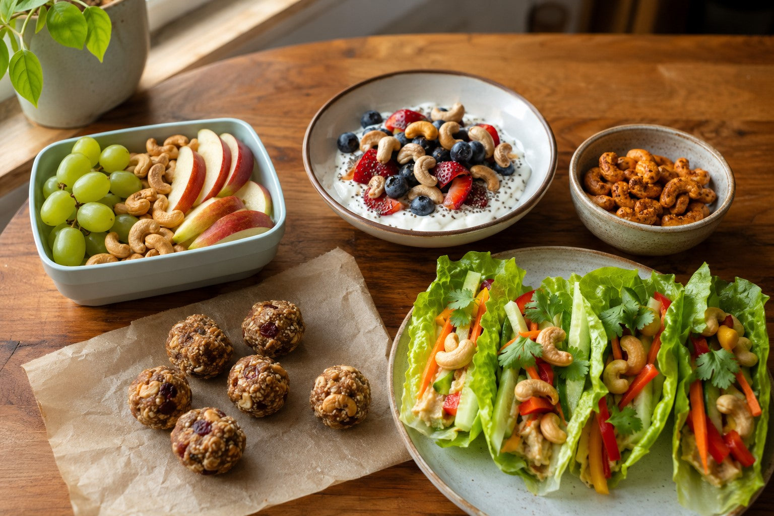 Healthy snack spread on wooden table