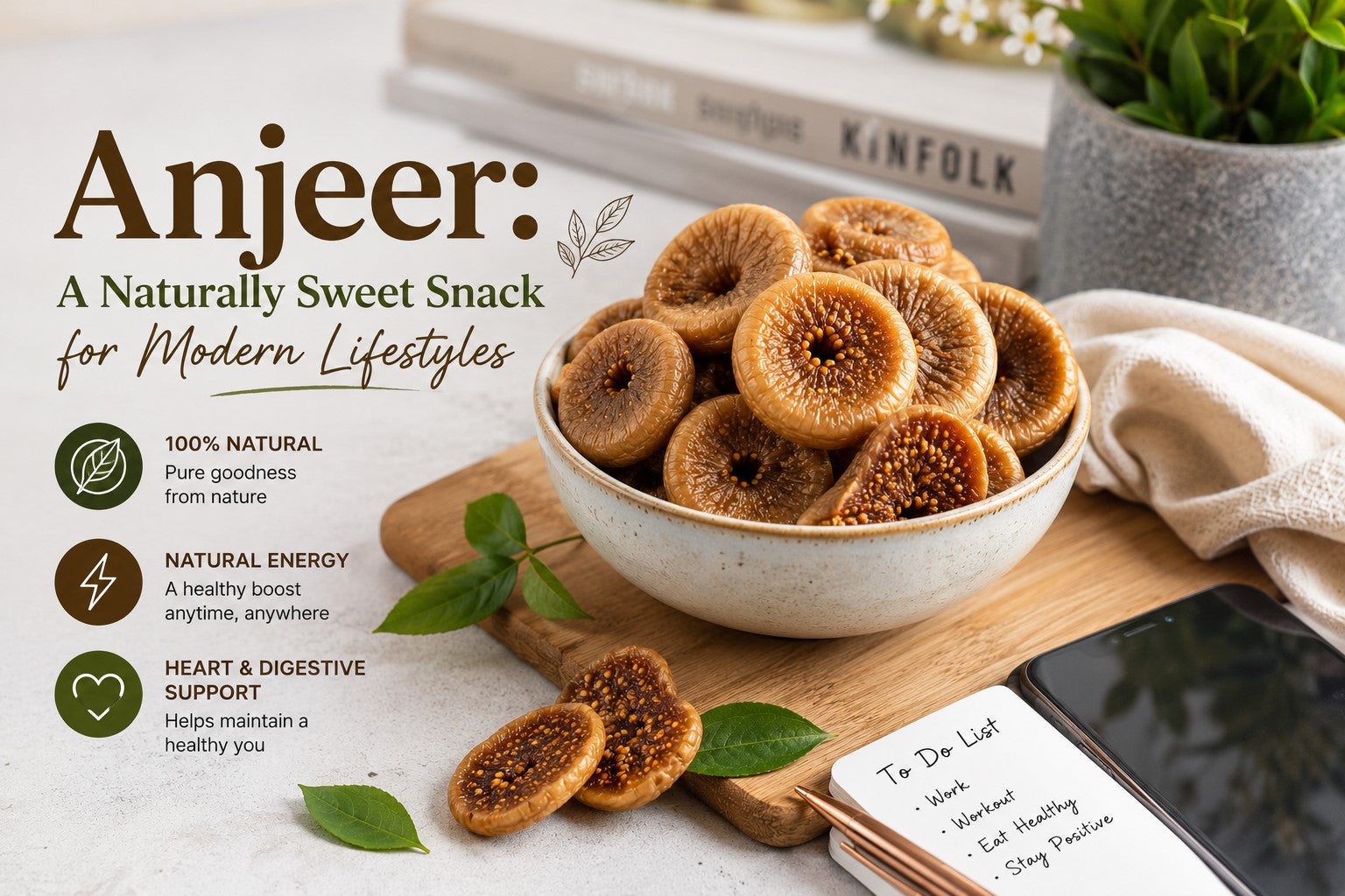 Modern lifestyle scene featuring a bowl of dried anjeer (figs) on a wooden board beside a smartphone and notebook in a cozy kitchen setting, highlighting anjeer as a naturally sweet and healthy snack.