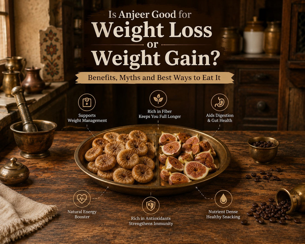 Traditional kitchen scene with a rustic wooden table displaying a brass plate filled with soft dry anjeer and fresh figs, styled for a blog about weight loss, weight gain, and the health benefits of anjeer.