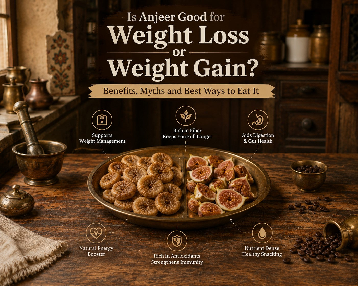 Traditional kitchen scene with a rustic wooden table displaying a brass plate filled with soft dry anjeer and fresh figs, styled for a blog about weight loss, weight gain, and the health benefits of anjeer.