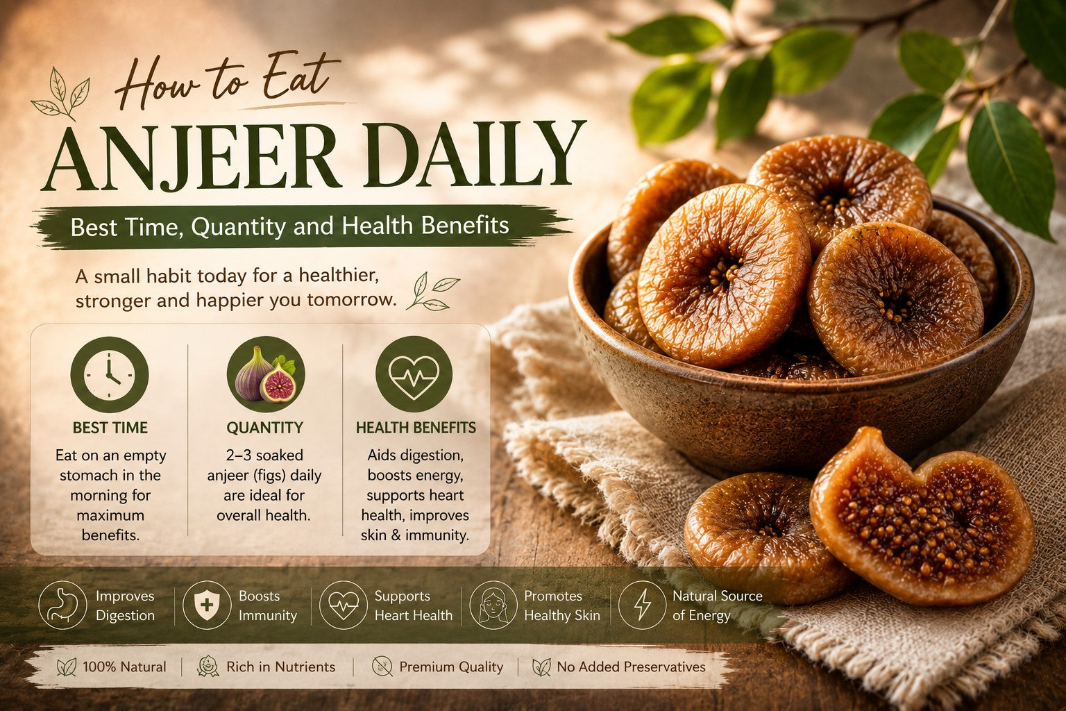 dried anjeer (figs) explaining the best time to eat anjeer daily, recommended quantity, and key health benefits like improved digestion, immunity, heart health, and energy.